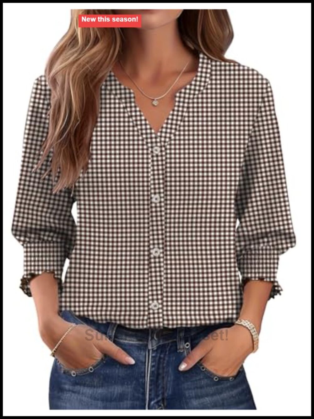LOMON 3/4 Sleeve Button Down Blouse V-Neck Smocked Cuff Cotton
